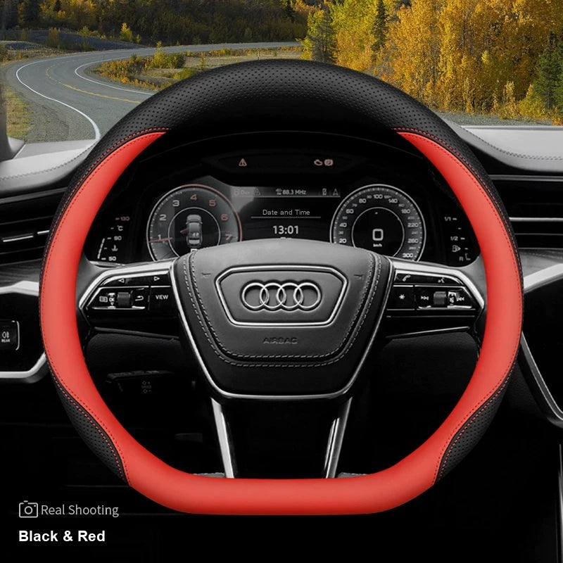 Audi leather steering wheel cover – D-Shape Q3 Q5L A6L A7 – Black & Red