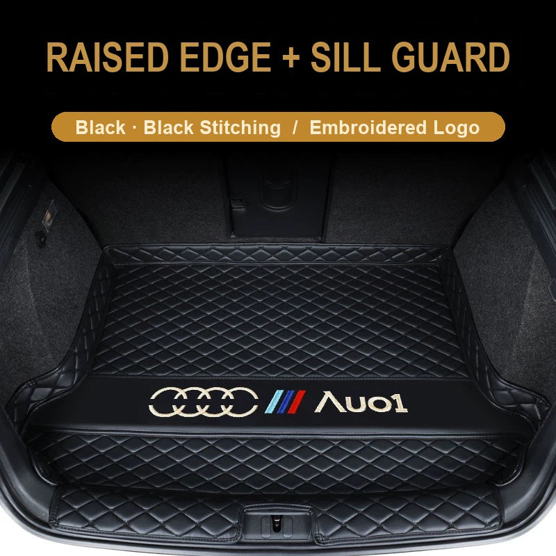 Audi trunk mat – Raised Edge + Sill Guard – Black with Black Stitching