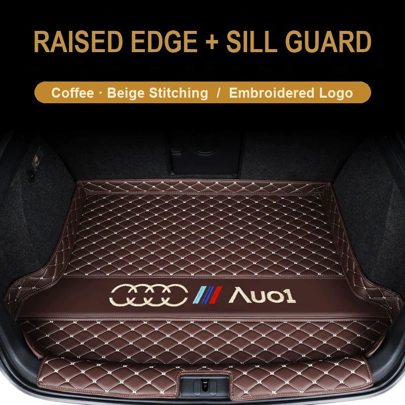 Audi trunk mat – Raised Edge + Sill Guard – Coffee with Beige Stitching