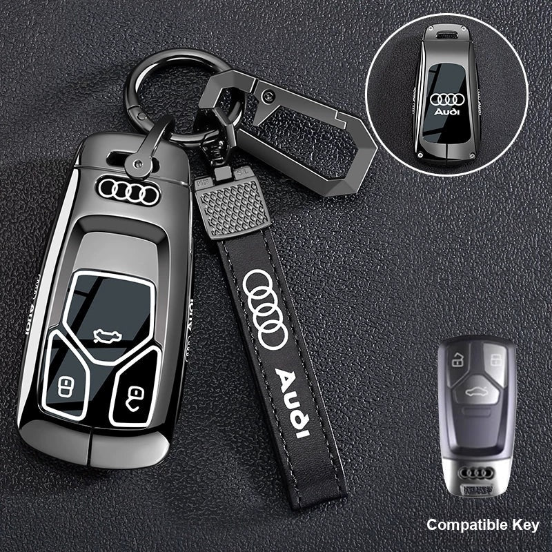 Gunmetal Black Audi Type A key case with leather lanyard