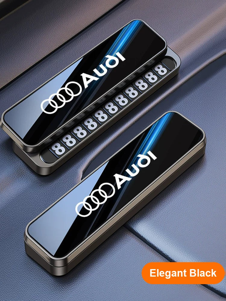 Audi temporary parking number plate in elegant black with mirror-glass alloy finish