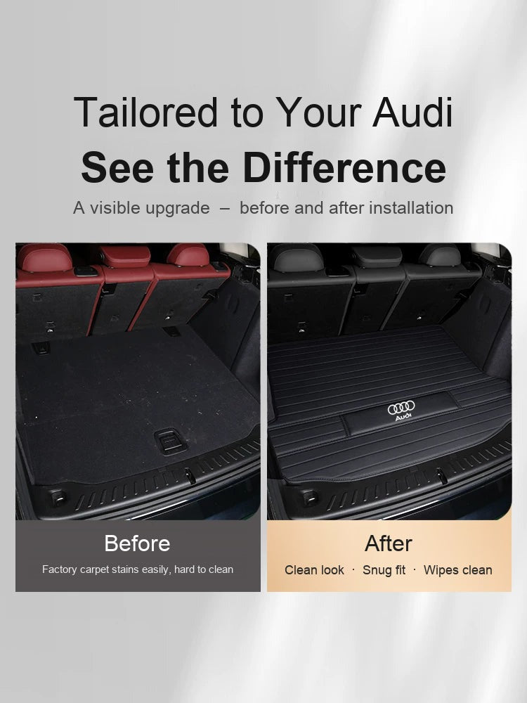 Before and after installing the Audi leather trunk mat