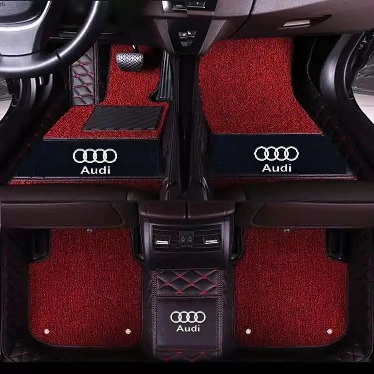 Audi diamond-quilted floor mats – Double Layer – Black Red Stitch + Red Carpet