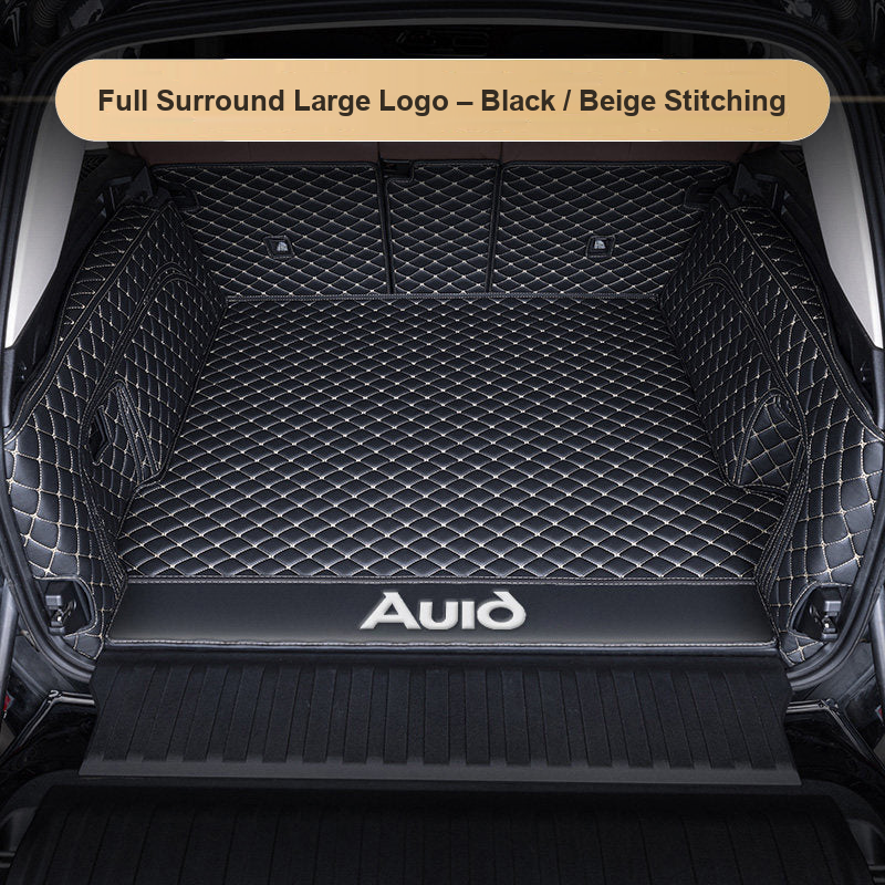 Audi trunk mat – Full Surround Large Logo – Black / Beige Stitching