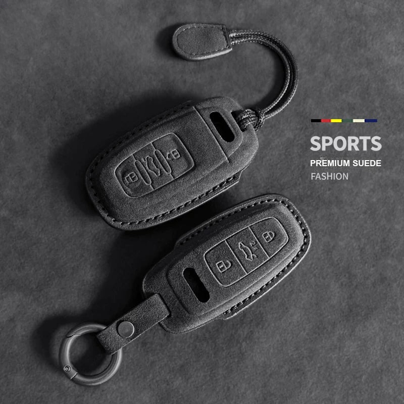 Audi Sport Suede Key Case – Carbon Black, cord lanyard and keyring buckle