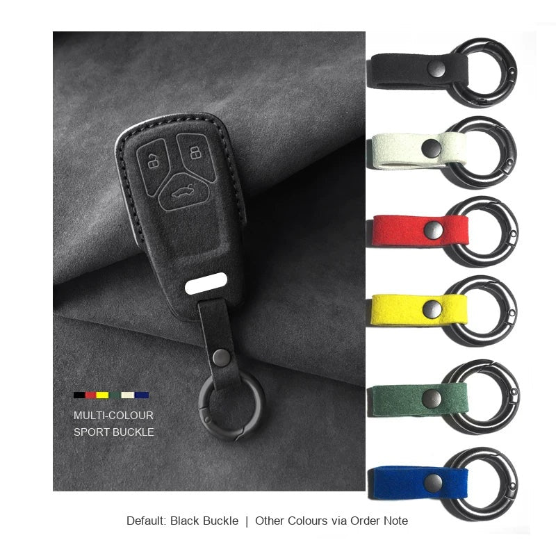 Audi Sport Suede Key Case – Carbon Black, Type A, keyring buckle colour options