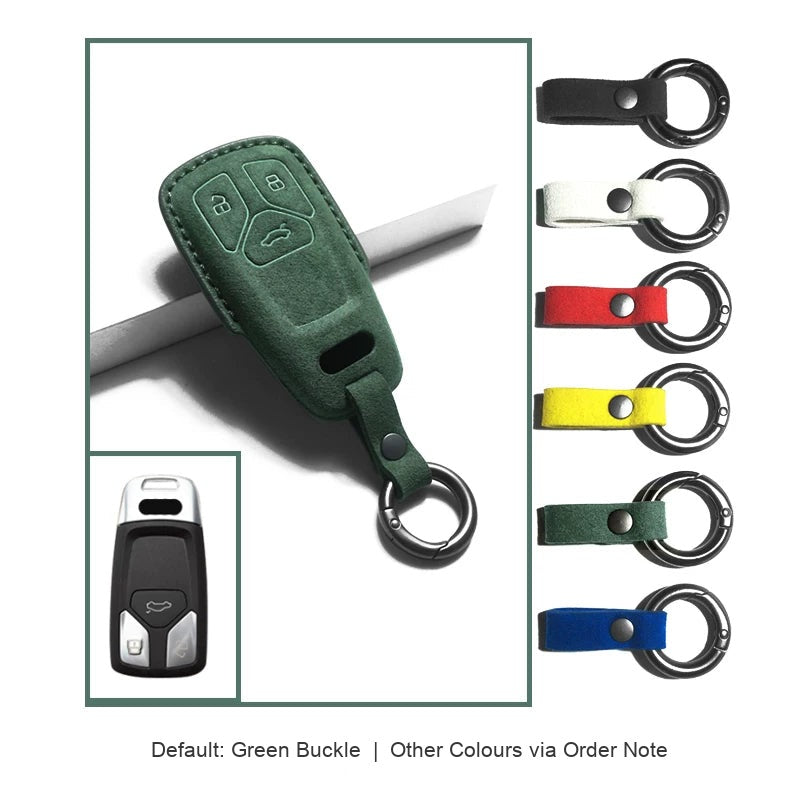 Audi Sport Suede Key Case – Dark Green, Type A, keyring buckle colour options