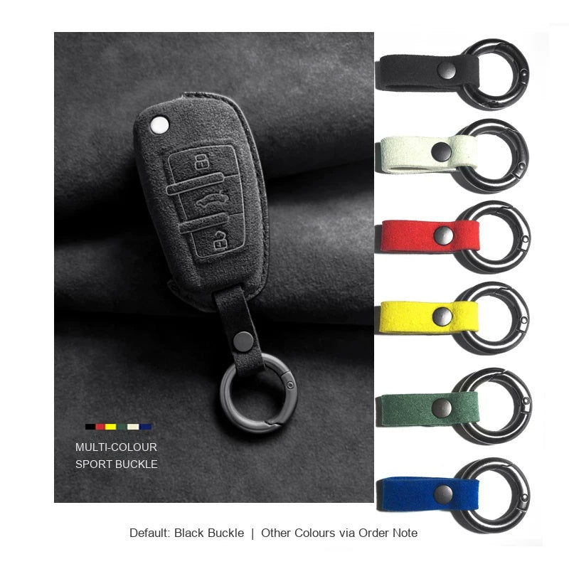 Audi Sport Suede Key Case – Carbon Black, Type C, keyring buckle colour options