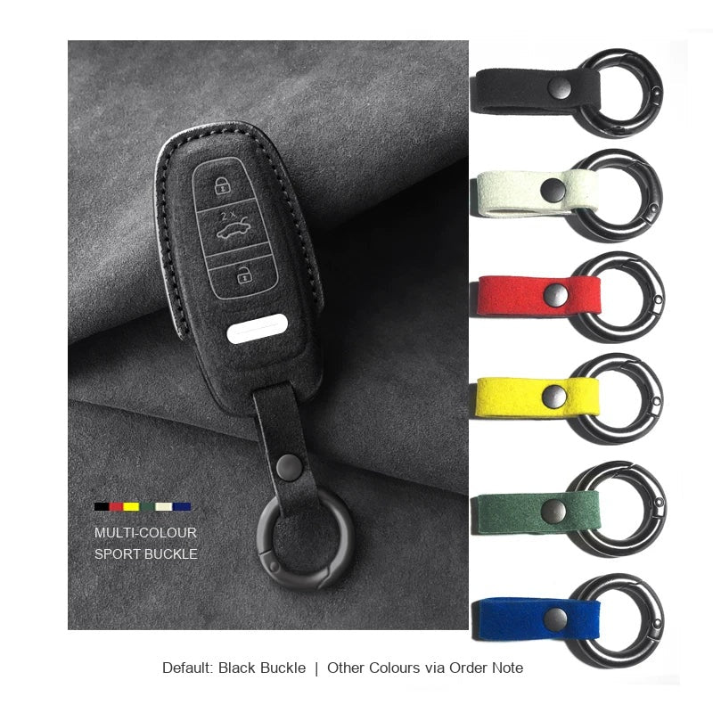 Audi Sport Suede Key Case – Carbon Black, Type D, keyring buckle colour options