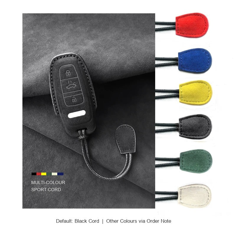 Audi Sport Suede Key Case – Carbon Black, Type D, cord lanyard colour options