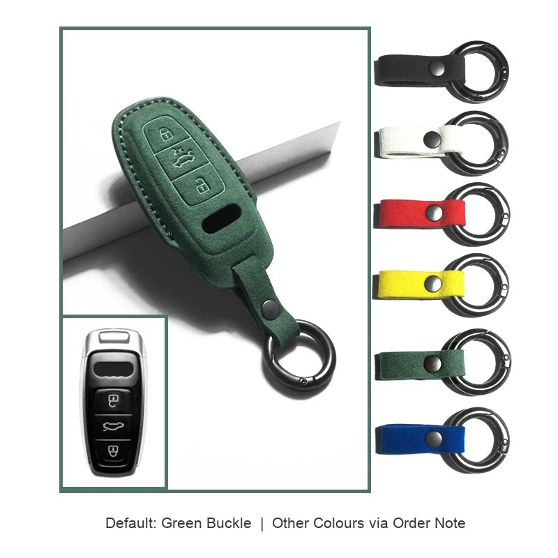 Audi Sport Suede Key Case – Dark Green, Type D, keyring buckle colour options