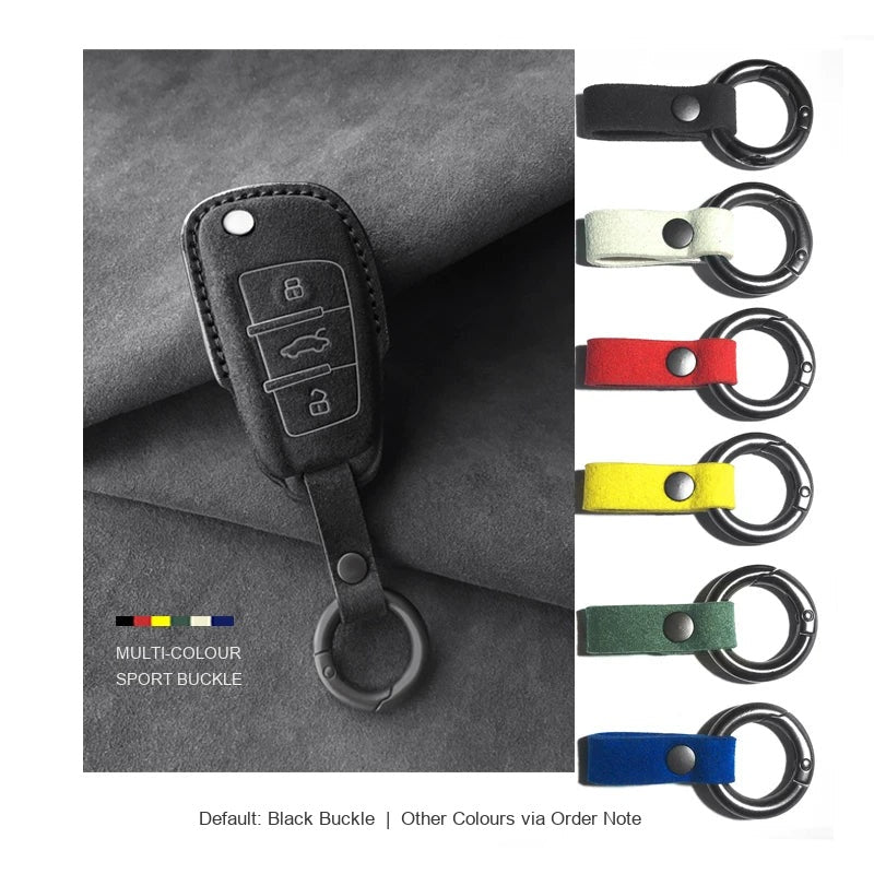 Audi Sport Suede Key Case – Carbon Black, Type E, keyring buckle colour options