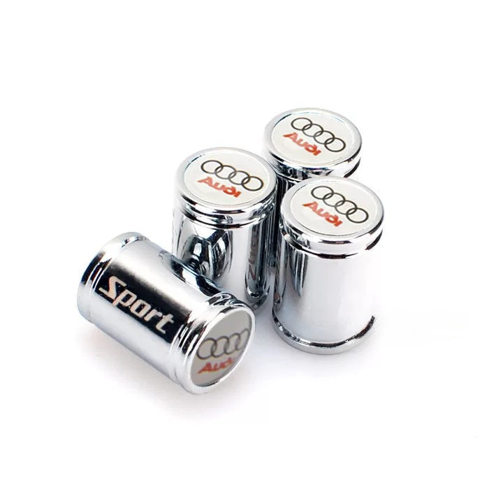 Audi Sport engraved valve caps – Chrome Silver with white Audi emblem, set of 4