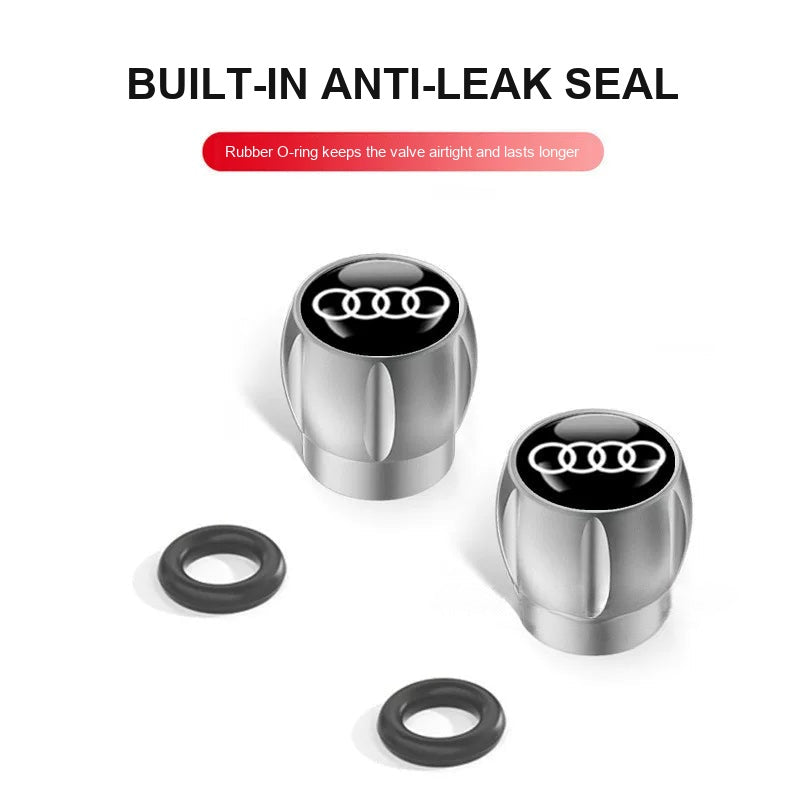 Audi valve caps with built-in anti-leak rubber O-ring seals