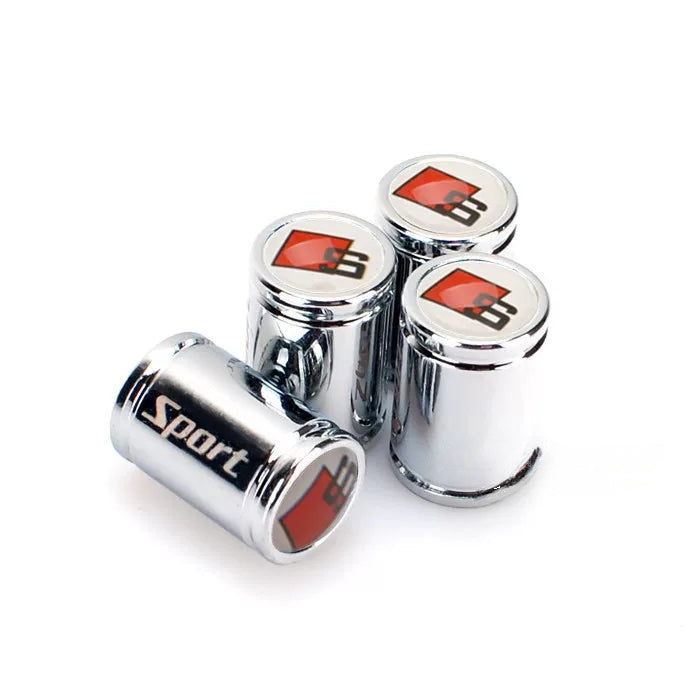 Audi Sport engraved valve caps – Chrome Silver with white S badge, set of 4