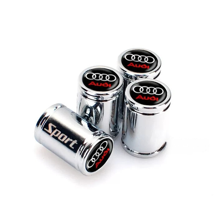 Audi Sport engraved valve caps – Chrome Silver with black and red Audi emblem, set of 4