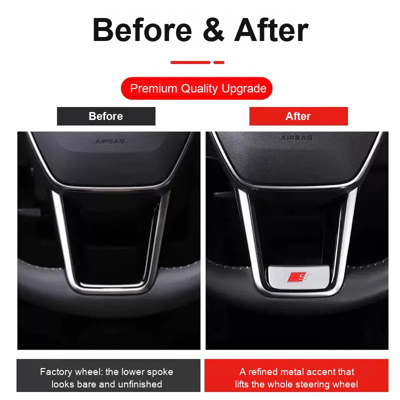 Audi steering wheel before and after fitting the S badge trim