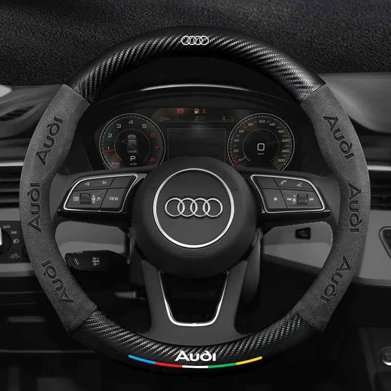 Audi carbon suede steering wheel cover in black installed on an Audi steering wheel