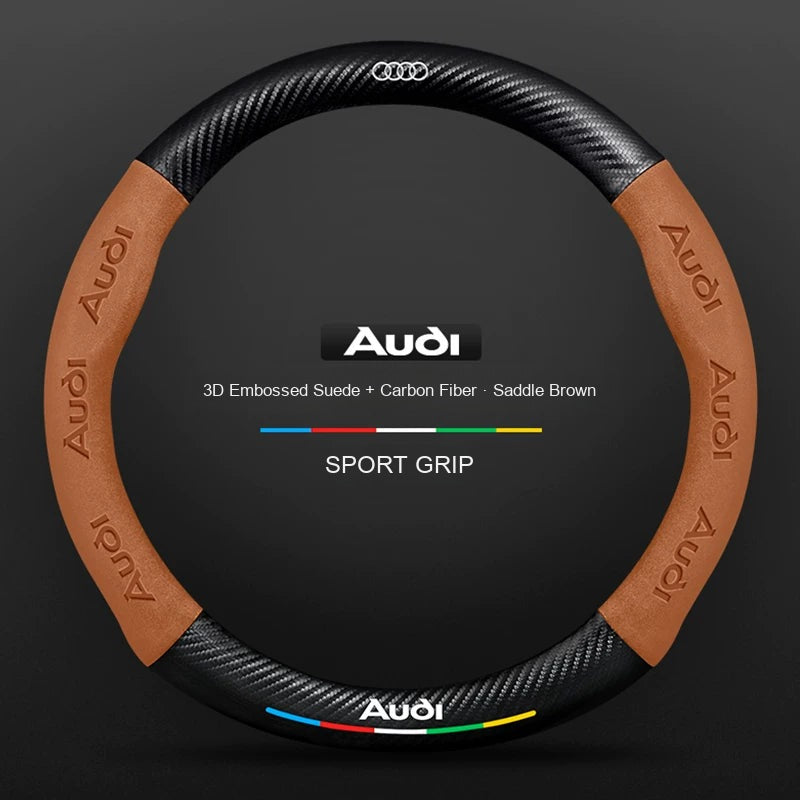 Audi carbon suede steering wheel cover in Saddle Brown with 3D embossed Audi lettering