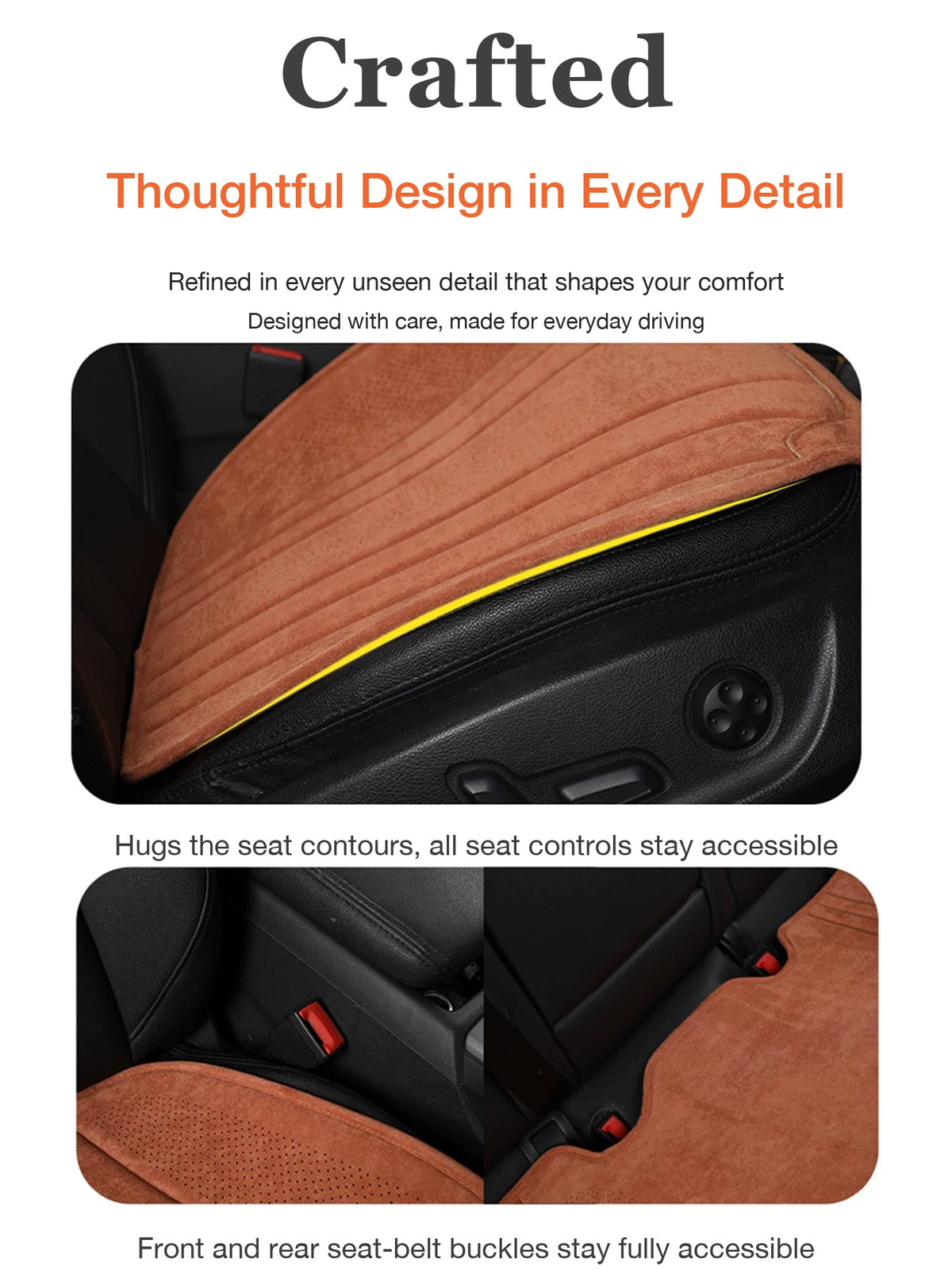 Audi suede seat cushion – contoured design that keeps seat controls and belt buckles accessible