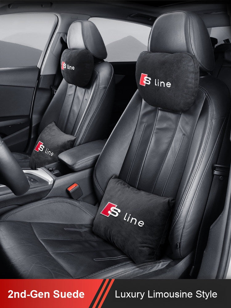 Audi S line suede headrest and lumbar pillow installed