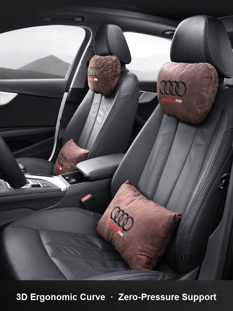 Audi RS suede headrest pillow in Mocha Brown, ergonomic 3D curve