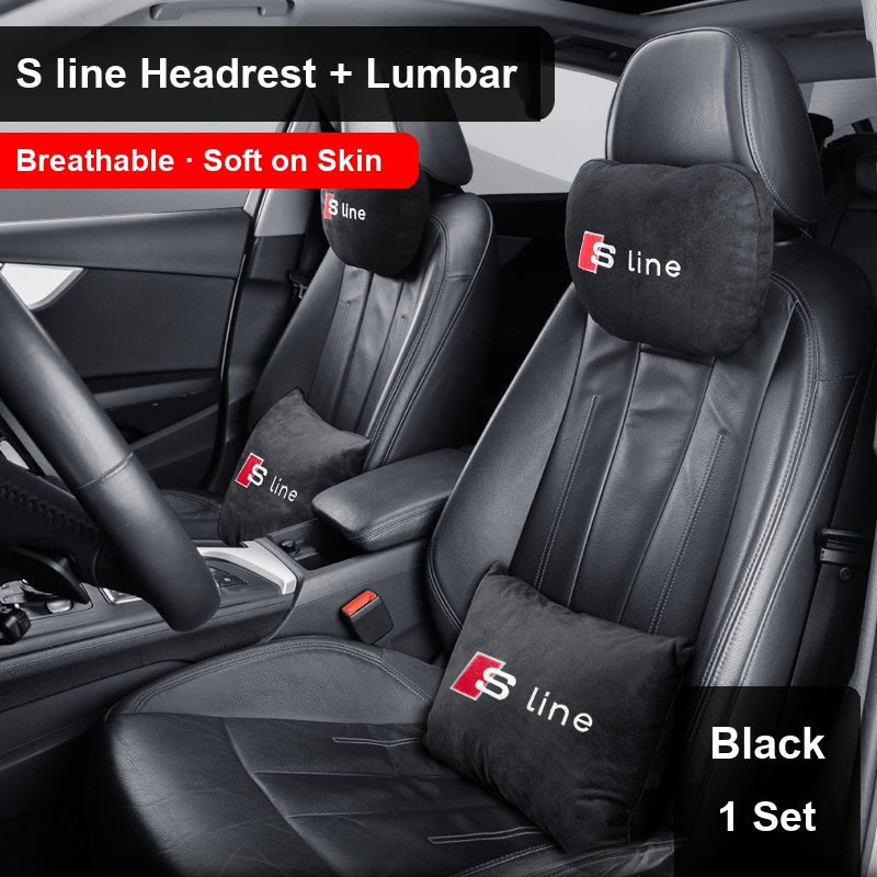 Audi S line suede headrest pillow – Phantom Black, Headrest + Lumbar Pillow