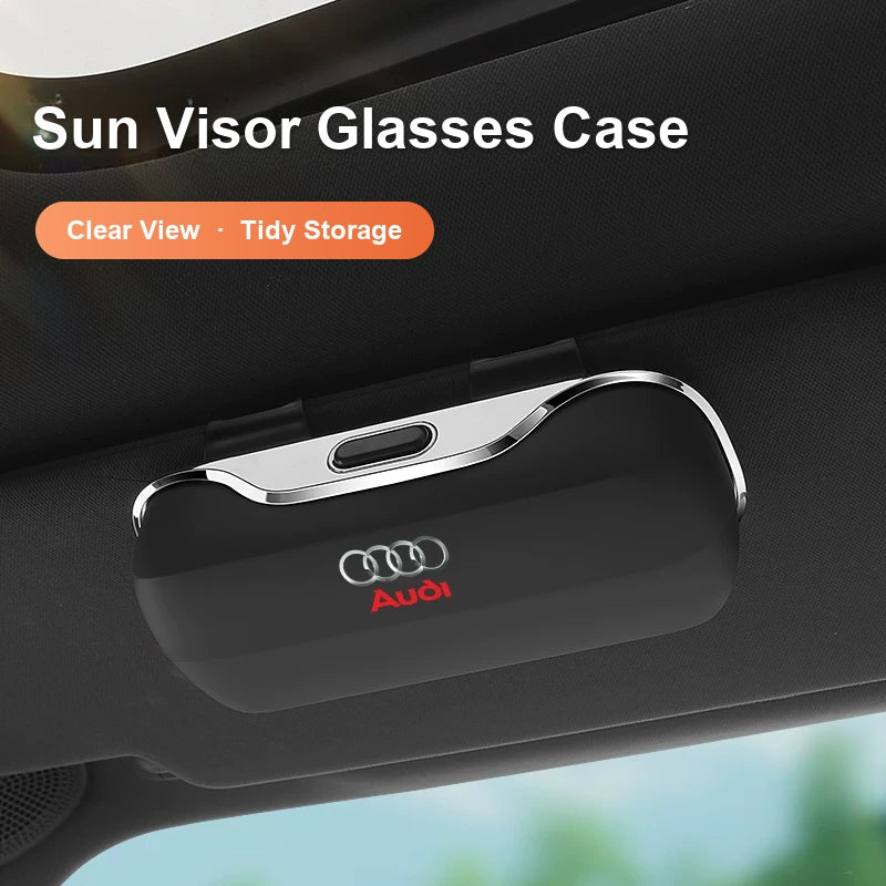 Audi sun visor glasses case in Classic Black clipped to the car sun visor