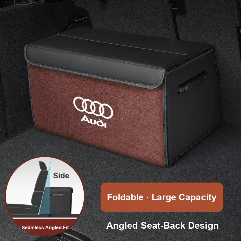 Audi foldable trunk organizer with angled seat-back design, Mocha Brown