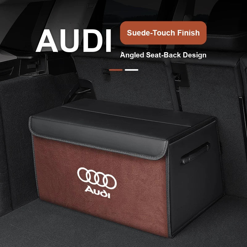 Audi trunk storage box with suede-touch front panel