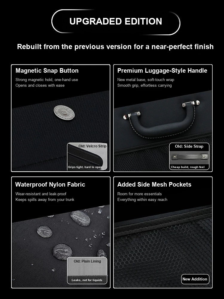 Upgraded edition features: magnetic snap, luggage-style handle, waterproof lining, side mesh pockets