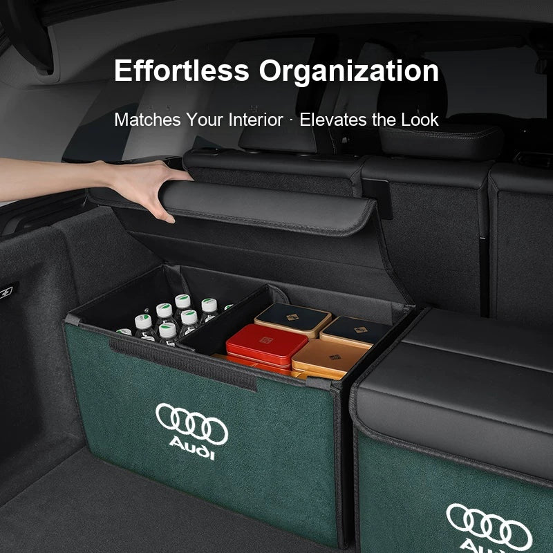 Audi trunk organizer holding bottles and boxes in the cargo area