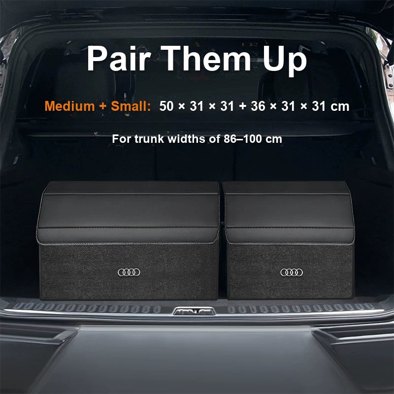 Medium and small Audi trunk organizers side by side