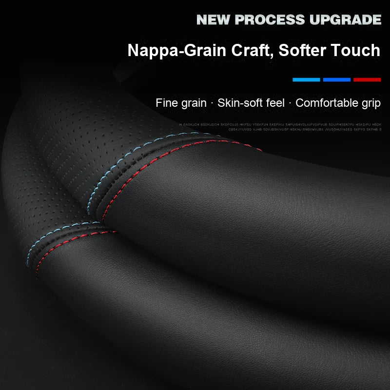 Nappa-grain leather texture with red and blue stitching