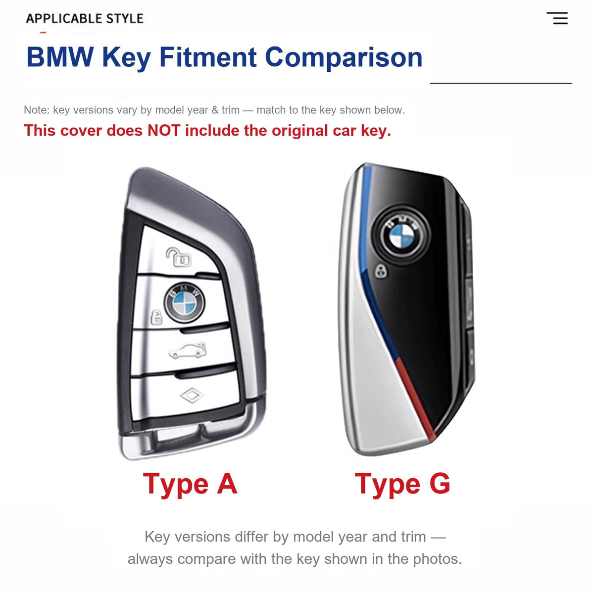 BMW key fitment comparison chart: Type A and Type G smart key shapes