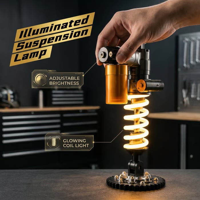 Suspension shock absorber desk lamp glowing with amber LED coil light