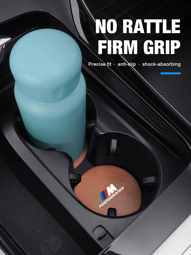 BMW cup holder coaster in Tan Brown under a bottle – no rattle, firm anti-slip grip