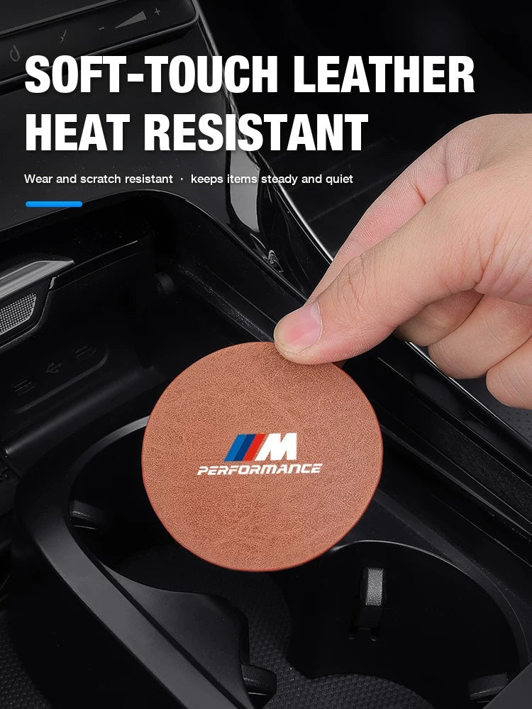 Soft-touch leather-finish BMW M Performance coaster, heat resistant and scratch resistant