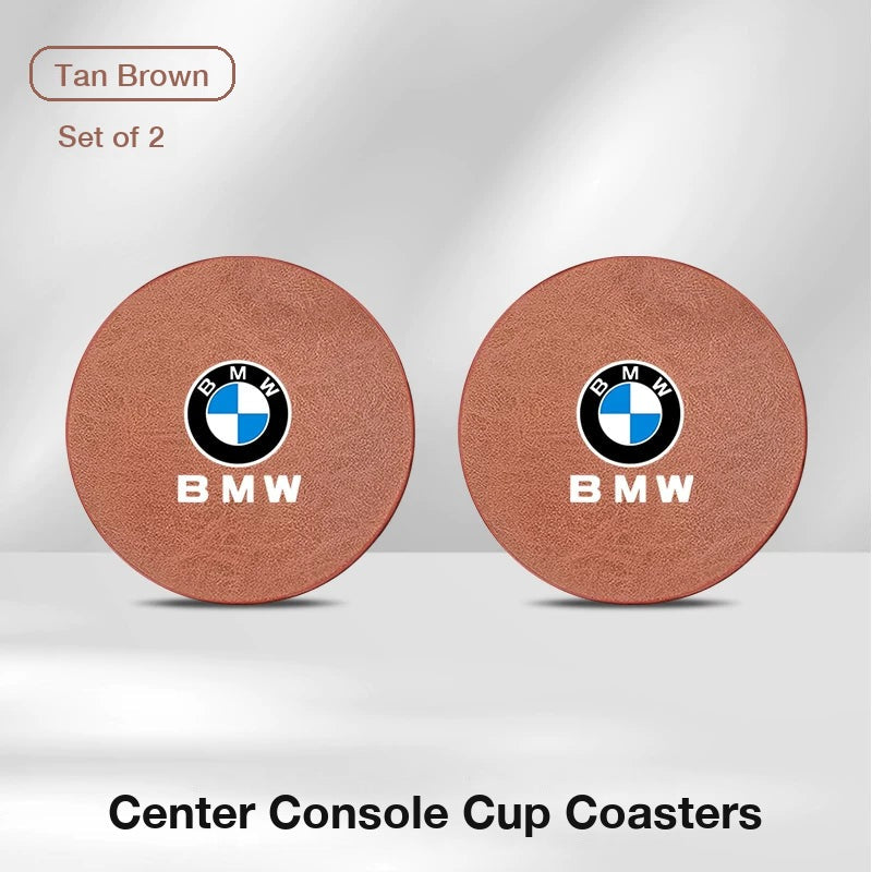 BMW logo center console cup coasters, set of 2 – Tan Brown