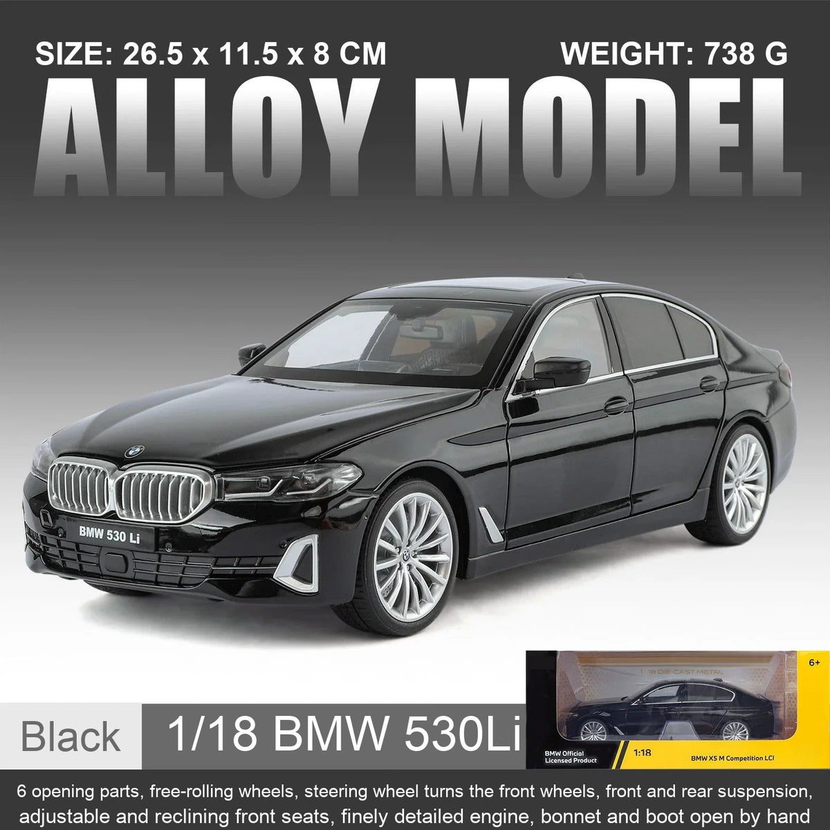 1:18 BMW 5 Series 530Li – Black diecast model