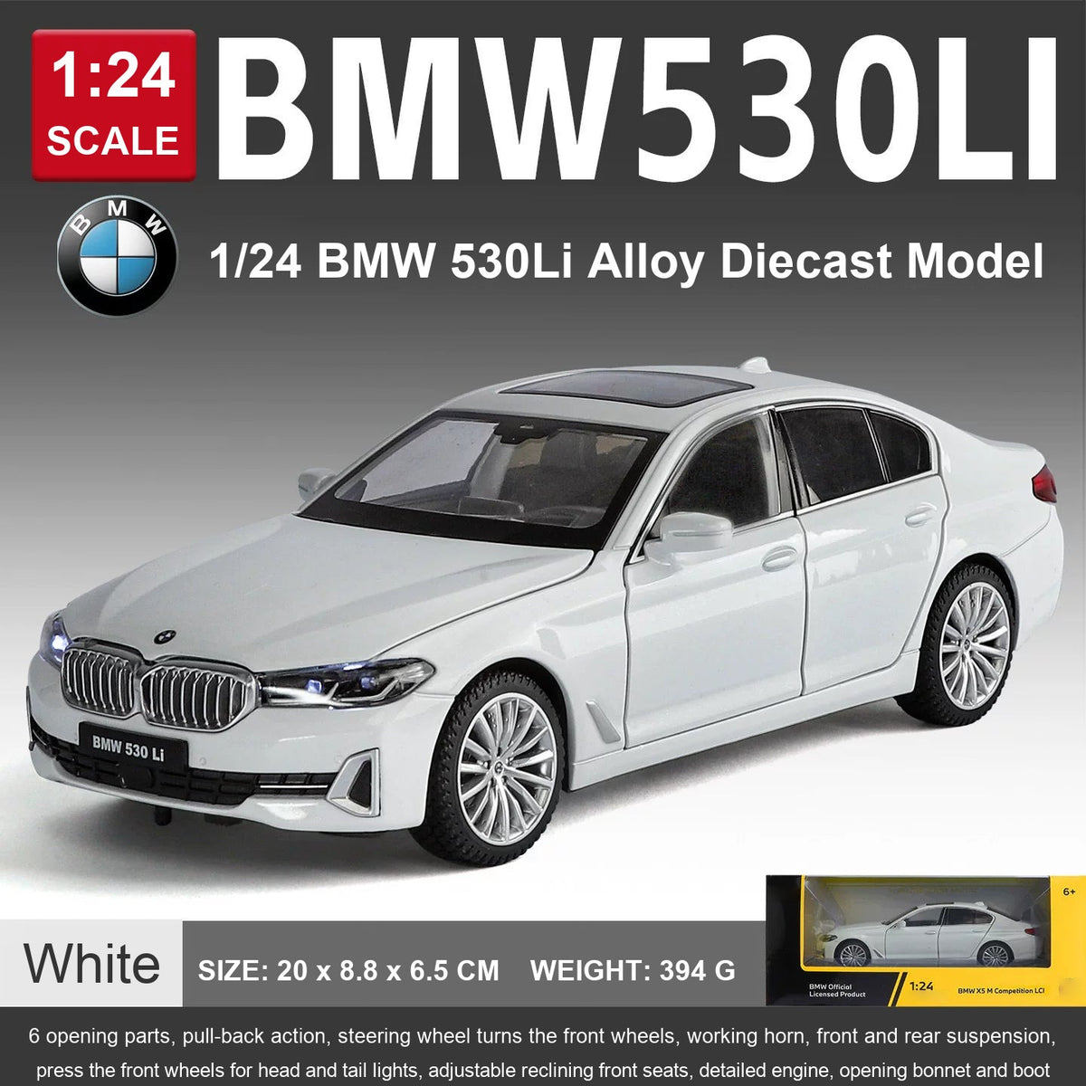 1:24 BMW 5 Series 530Li – White diecast model