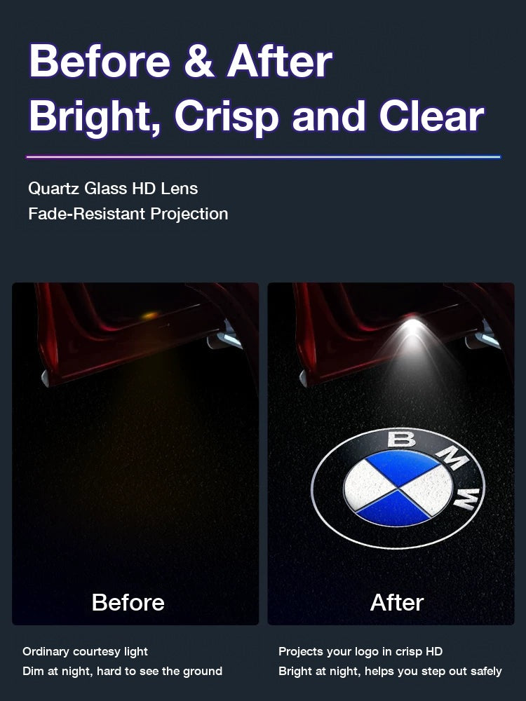 Before and after BMW door projector light installation