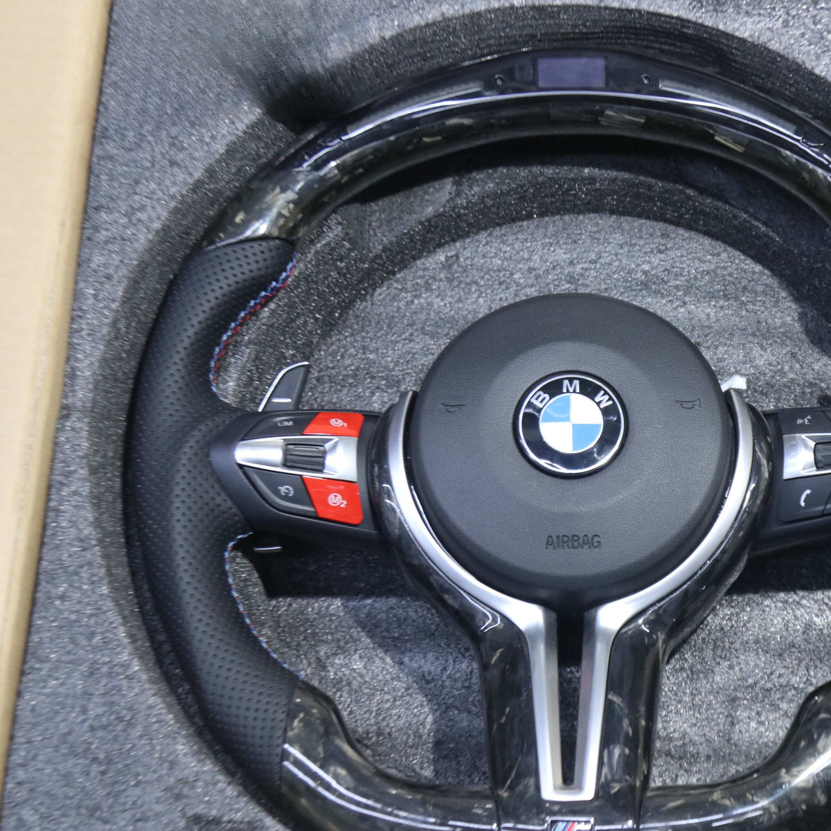 BMW F Series forged carbon steering wheel, left side view