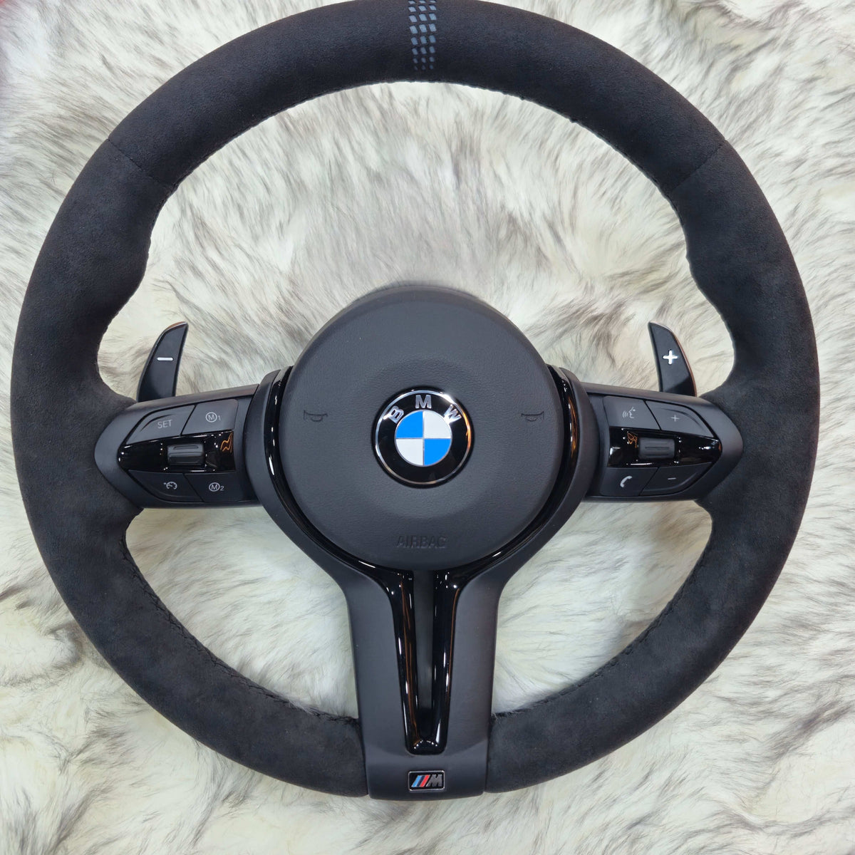 BMW F Series full Alcantara steering wheel with black trim, front view