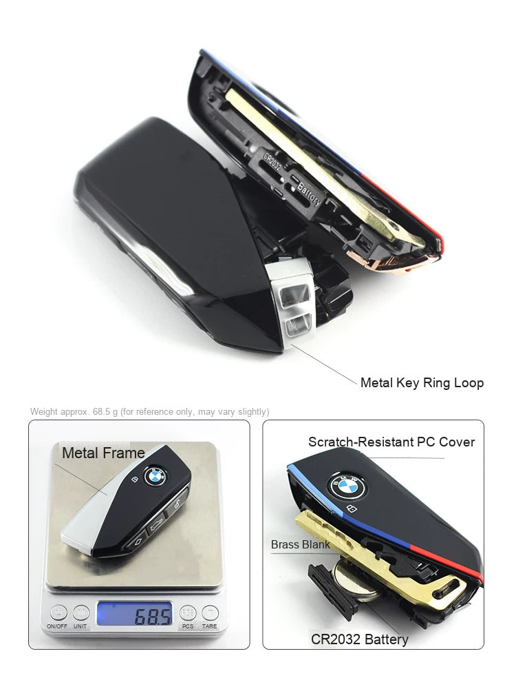 Upgraded BMW key details: metal frame, PC cover, brass blank and CR2032 battery