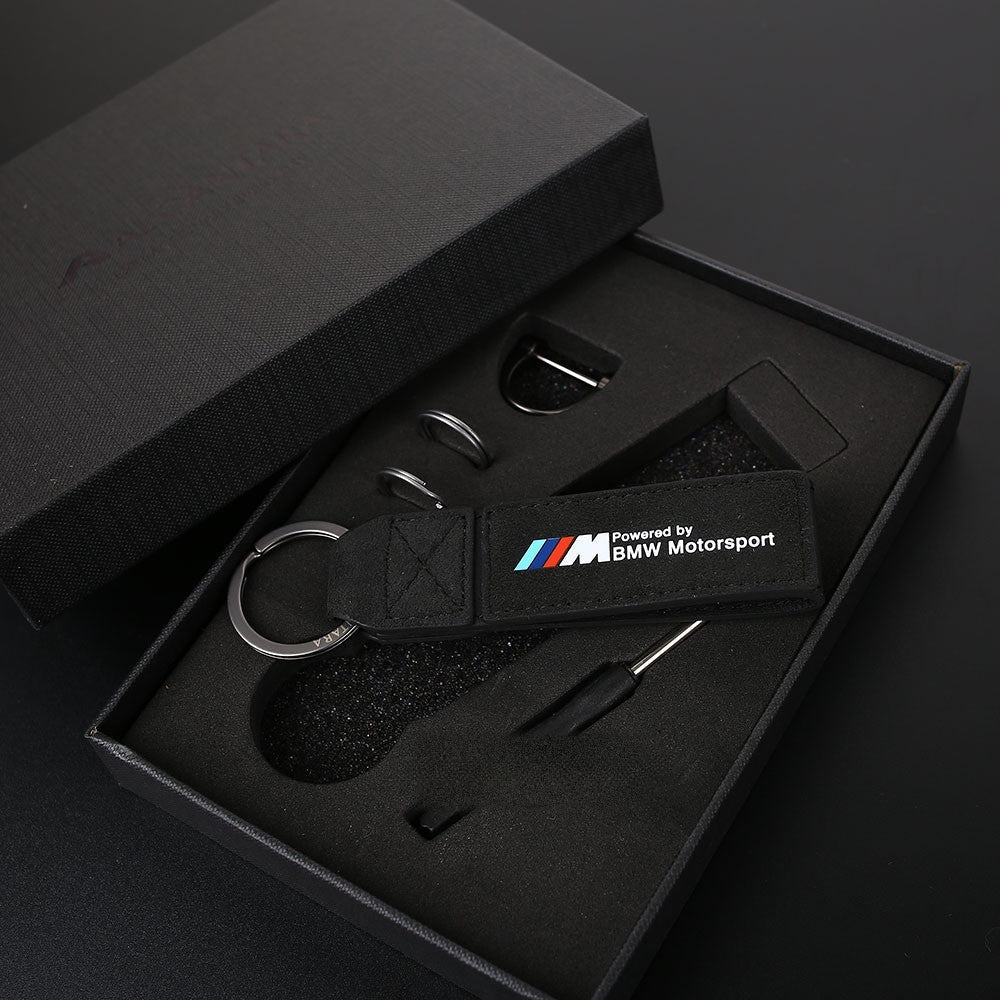 Black BMW M Power suede keychain in gift box with installation tool