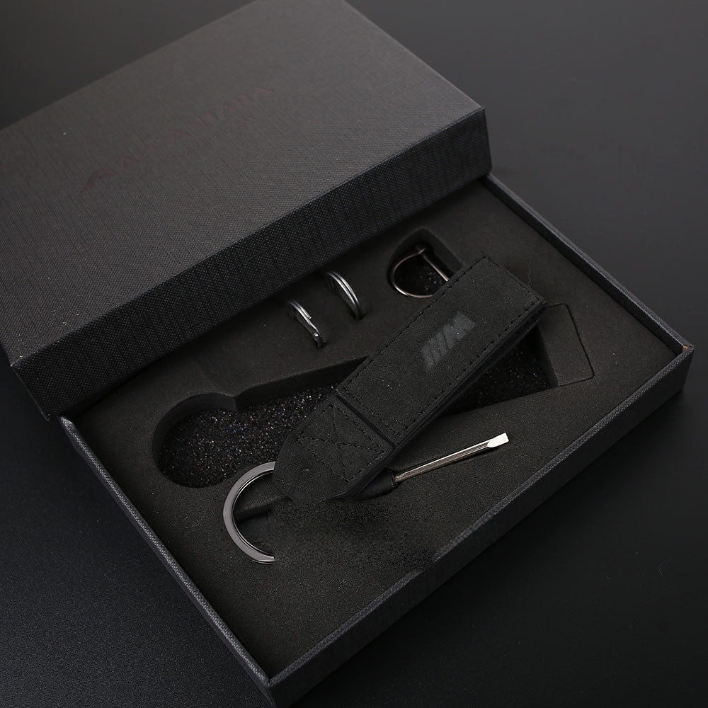 Black Alcantara BMW M keychain gift box set with key ring and tool