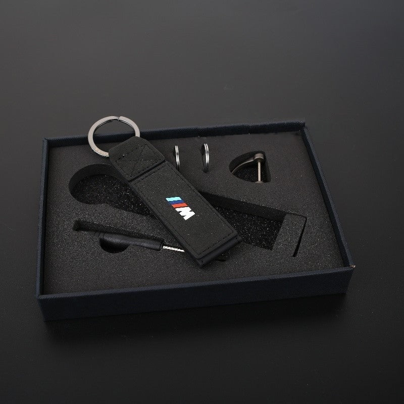 Black suede BMW M logo keychain with gunmetal key ring in gift box