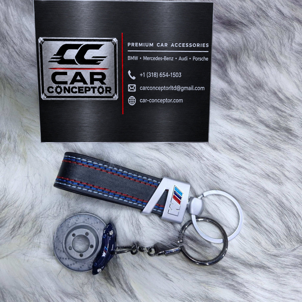 BMW M dark blue brake disc keychain with leather strap