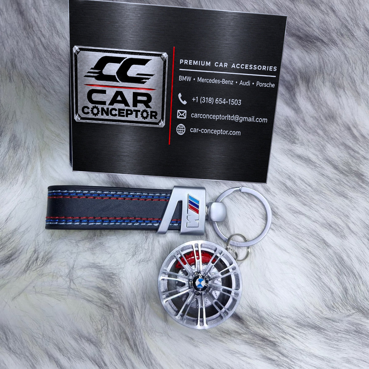 BMW M aluminum alloy wheel keychain with leather strap